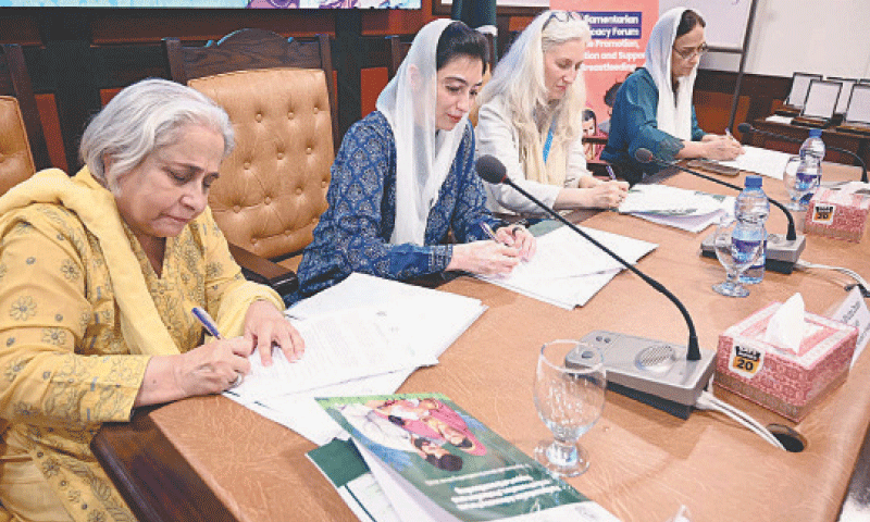 First Lady Aseefa Bhutto Zardari, Sindh Health Minister Dr Azra Pechuho and other parliamentarians sign a landmark joint declaration on gender, breastfeeding and nutrition in Pakistan during a Parliamentarian Advocacy Forum jointly organised by Unicef and the Pakistan Paediatric Association at the Pakistan Institute for Parliamentary Services in Islamabad on Monday. &mdash; PPI