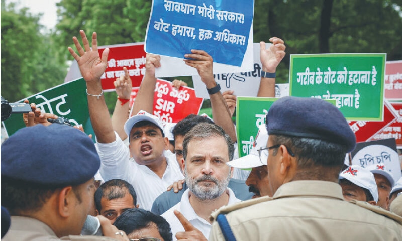 POLICE detain Congress leader Rahul Gandhi during a protest in New Delhi.&mdash;Reuters