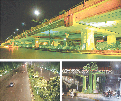  (Clockwise from top) Chandni Chowk flyover and Marrir Chowk in Rawalpindi have been decorated with colourful lights while Islamabad Expressway gives a festive look in connection with Independence Day celebrations. — Photos by Mohammad Asim &amp; INP 