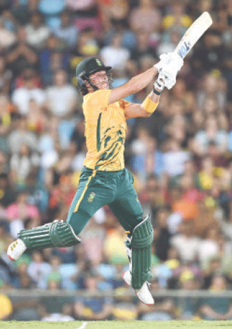 SOUTH AFRICAN batter Dewald Brevis plays a shot during the second Twenty20 International against Australia at the Marrara Stadium on Tuesday.&mdash;AFP
