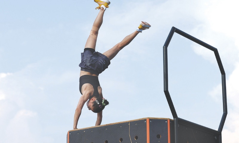  CHENGDU: China&rsquo;s Chunsong Shang in action during the parkour freestyle final at Xinglong Lake Hubin Arena.&mdash;Reuters 