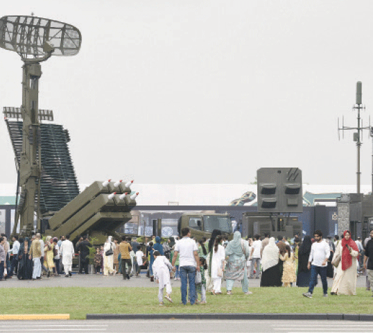 Complete mobile air defence battery on display that includes missile launcher, surveillance radar, engagement radar and command vehicle. &mdash; Photos by Tanveer Shahzad