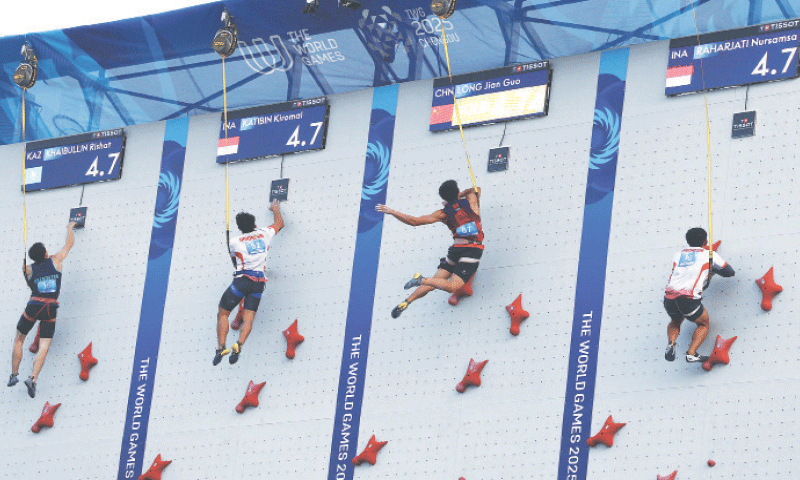 (L to R) Kazakhstan&rsquo;s Rishat Khaibullin, Kiromal Katibin of Indonesia, China&rsquo;s Jian Guo Long and Indonesia&rsquo;s Nursamsa Raharjati compete in the men&rsquo;s speed climbing final of the World Games at the Tianfu Park on Friday.&mdash;Reuters