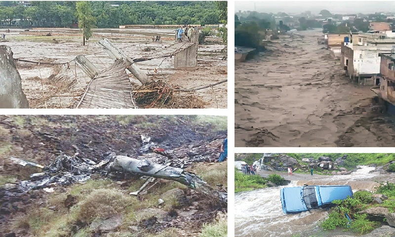 (CLOCKWISE from top left) Buner residents cross a badly damaged bridge; a screengrab shows a flash flood raging through Pir Baba Bazaar; a car that was caught up in the torrents is washed up on a hillside in Mansehra; and, a view of the wreckage of the Mi-17 helicopter that crashed in Mohmand during rescue efforts.&mdash;Dawn