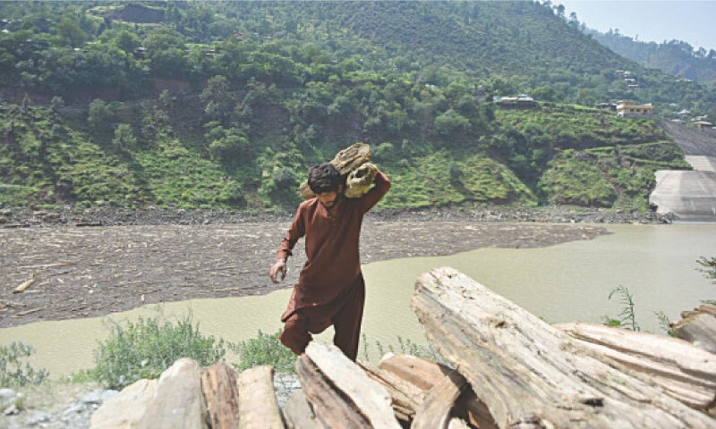 A villager hauls firewood to the roadside from Nauseri Dam, about 41kms from Muzaffarabad, after cloudburst-induced floods in Neelum Valley blanketed the reservoir with timber on Aug 14.&mdash;Photo by the writer