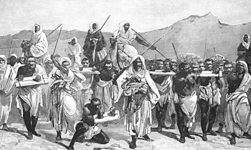 A 19th-century engraving depicting an Arab slave-trading caravan transporting enslaved Africans slaves: although the Indian Ocean slave trade had existed for a long time, it grew considerably in India and other Indian Ocean regions from the late 17th to the mid-19th century | Wikimedia Commons