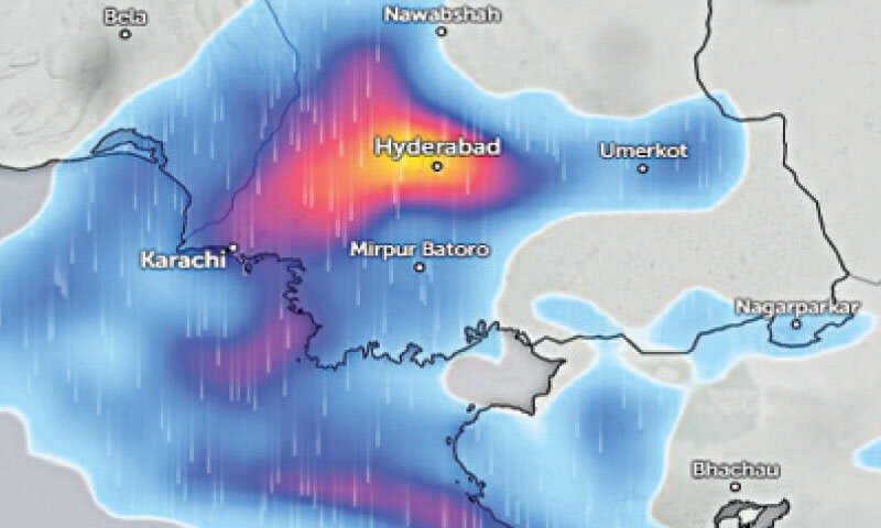 This screengrab from the Zoom Earth website shows the system hovering over lower Sindh early on Thursday.