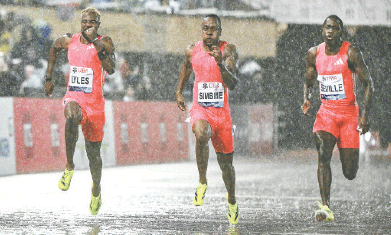 (L to R) Noah Lyles of the US, South Africa’s Akani Simbine and Oblique Seville of Jamaica in action during the men’s 100m event of the Diamond League at Stade Olympique de la Pontaise.—AFP (L to R) Noah Lyles of the US, South Africa’s Akani Simbine and Oblique Seville of Jamaica in action during the men’s 100m event of the Diamond League at Stade Olympique de la Pontaise.—AFP