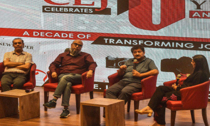 (From left) Journalists Syed Ali Shah, Farhan Mallick, Hamid Mir and Nadia Naqi at one of the panel discussions.&mdash;Fahim Siddiqi / White Star