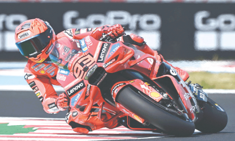 BALATONFOKAJAR: Ducati Lenovo Team’s Spanish rider Marc Marquez competes during the qualifying session of the MotoGP Hungarian Grand Prix at the Balaton Park circuit on Saturday.—AFP BALATONFOKAJAR: Ducati Lenovo Team’s Spanish rider Marc Marquez competes during the qualifying session of the MotoGP Hungarian Grand Prix at the Balaton Park circuit on Saturday.—AFP