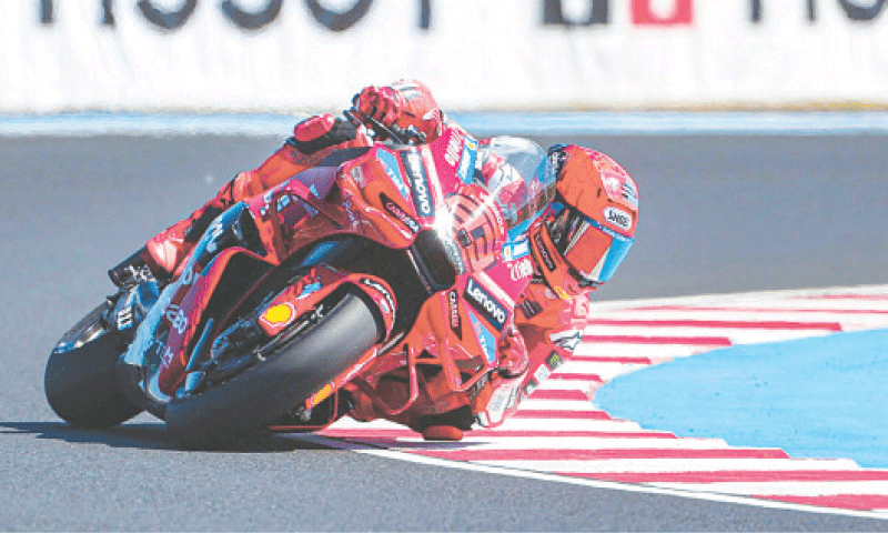 DUCATI Lenovo team&rsquo;s Spanish rider Marc Marquez competes during the MotoGP Hungarian Grand Prix at the Balaton Park circuit on Sunday.&mdash;AFP