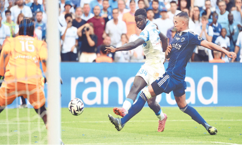 MARSEILLE: Olympique de Marseille&rsquo;s Robinio Vaz (C) scores during the Ligue 1 match against Paris FC at Orange Velodrome.&mdash;Reuters
