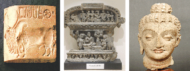  (left to right) The Indus Seal with humped bull; a 3rd-4th Century BCE stone panel depicting a Jataka tale; and, a 3rd century Buddha Head are three of the artefacts sent to China.&mdash;Dawn 
