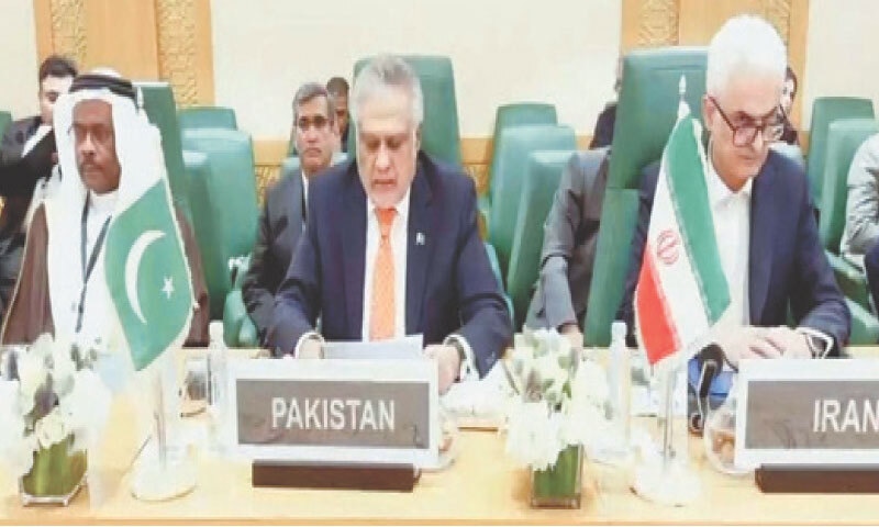JEDDAH: Deputy Prime Minister Ishaq Dar addresses the OIC Council of Foreign Ministers.&mdash;PPI