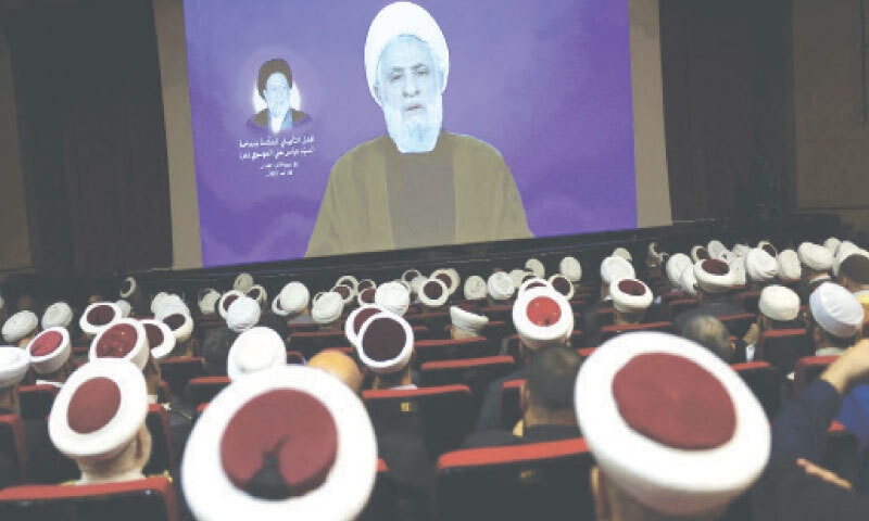 Hezbollah leader Naim Qassem delivers a statement during a ceremony in Beirut to honour cleric Abbas Ali Al-Moussawi, who passed away last week.&mdash;AFP