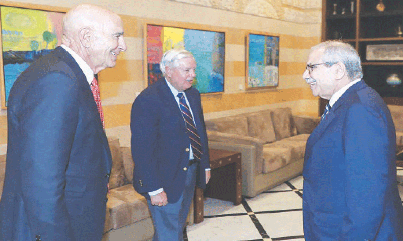 US special envoy Tom Barrack (left) and Senator Lindsey Graham (centre) being welcomed by Lebanon’s Prime Minister Nawaf Salam.—AFP US special envoy Tom Barrack (left) and Senator Lindsey Graham (centre) being welcomed by Lebanon’s Prime Minister Nawaf Salam.—AFP