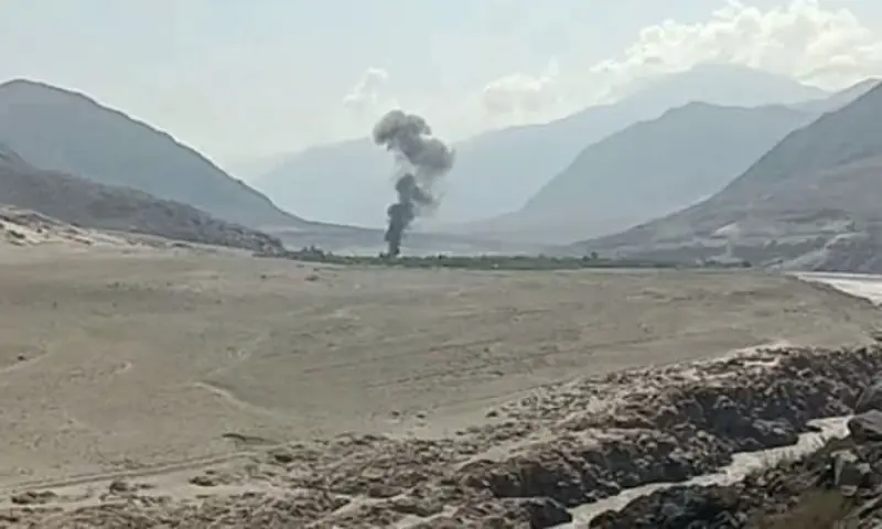 Smoke billows from the debris after a GB government helicopter crashed in Thor Valley, Chilas, on Sept 1, 2025. — via author Smoke billows from the debris after a GB government helicopter crashed in Thor Valley, Chilas, on Sept 1, 2025. — via author