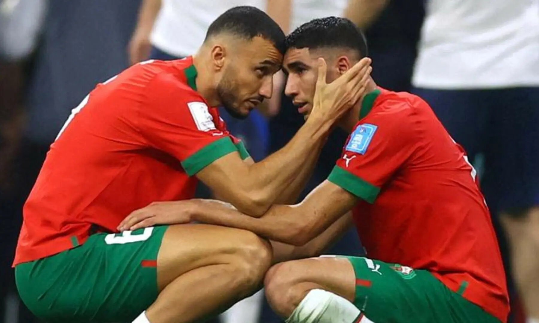 Morocco&rsquo;s Romain Saiss and Achraf Hakimi look dejected after being eliminated from the World Cup. &mdash; Reuters/File