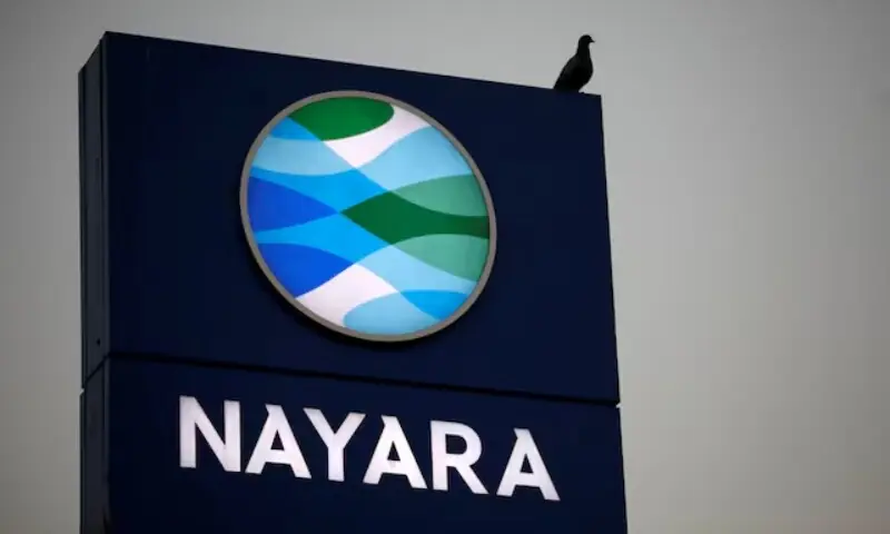 Logo of Nayara is seen at its fuel station on the outskirts of Ahmedabad, India, November 16, 2022. &mdash; Reuters
