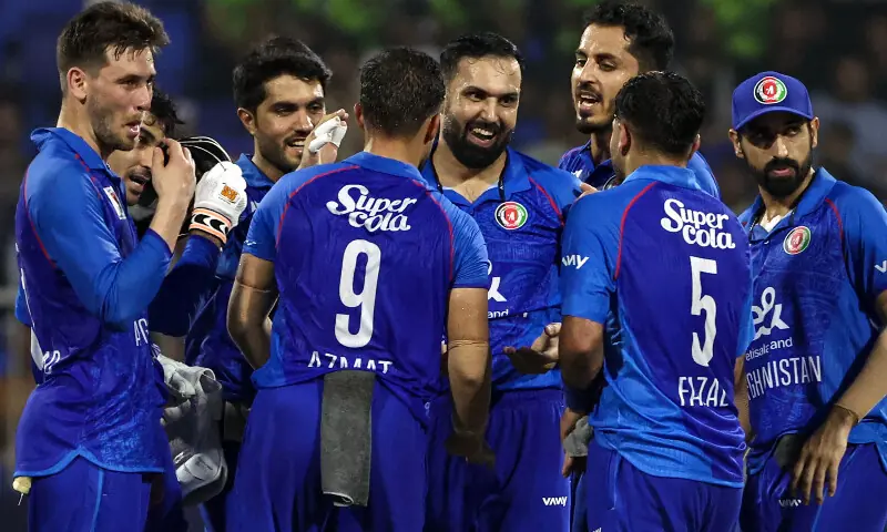 Afghanistan&rsquo;s players celebrate after taking the wicket during the T20 international cricket match between Afghanistan and Pakistan, in Sharjah on September 2, 2025. &mdash; AFP