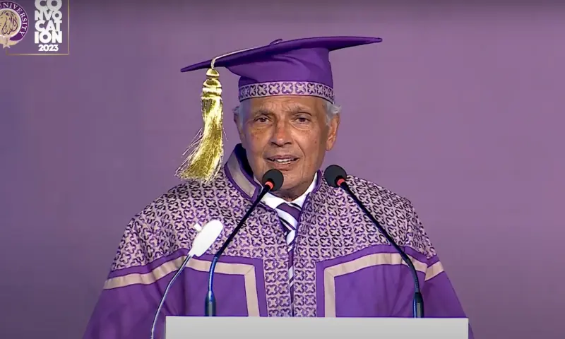 Rafiq M. Habib addresses the 2023 convocation at Habib University, Karachi on May 27, 2023. &mdash; Habib University&rsquo;s YouTube/File