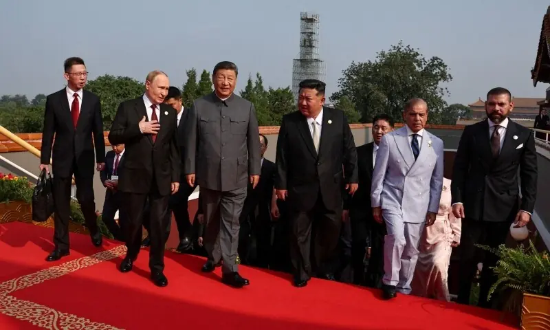Russian President Vladimir Putin, Chinese President Xi Jinping, North Korean leader Kim Jong Un, Prime Minister Shehbaz Sharif and the heads of foreign delegations arrive for a military parade marking the 80th anniversary of the end of World War Two in Beijing, China on September 3. — Reuters