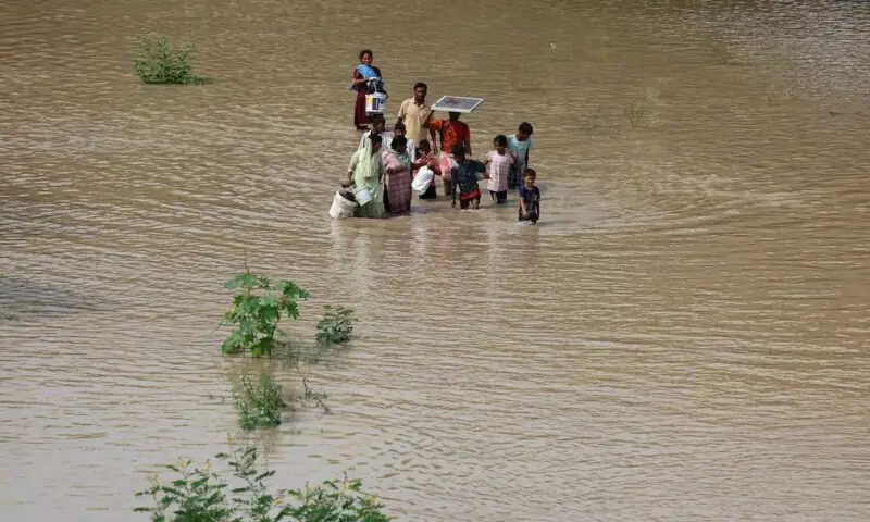 A man carries a solar panel on his head as people wade through a flooded road after a rise in the water level of river Yamuna due to heavy monsoon rains, in New Delhi, India, Sept 3. &mdash; Reuters