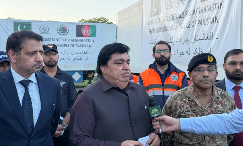 Minister of State for Religious Affairs and Interfaith Harmony Kheal Das Kohistani, along with officials from the NDMA and the Ministry of Foreign Affairs at the NDMA warehouse in Islamabad. — PTV News Minister of State for Religious Affairs and Interfaith Harmony Kheal Das Kohistani, along with officials from the NDMA and the Ministry of Foreign Affairs at the NDMA warehouse in Islamabad. — PTV News