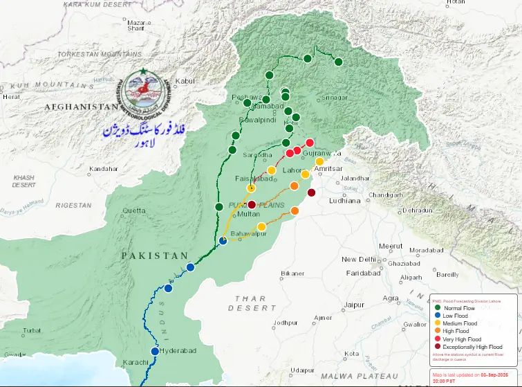  An interactive map showing flood data in Pakistan&rsquo;s rivers as of 8pm. &mdash; Screengrab via Flood Forecasting Division 
