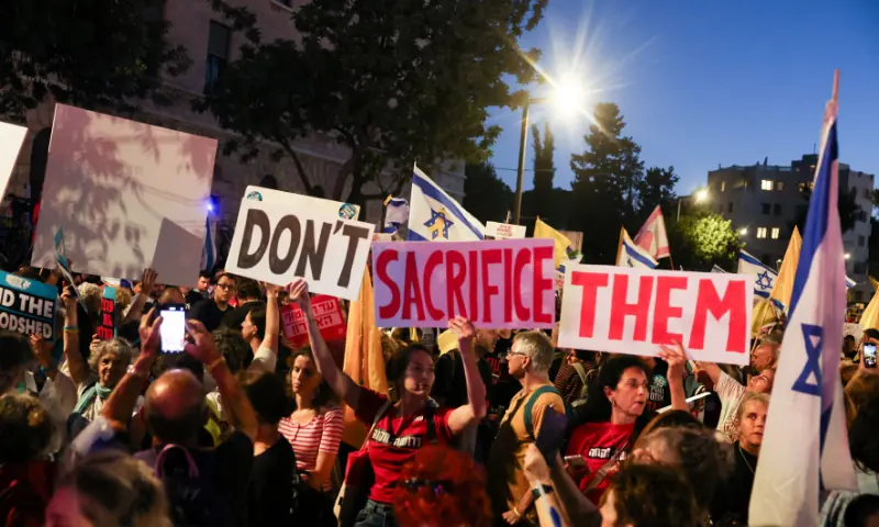 People attend a protest demanding the immediate release of the hostages kidnapped during the October 7, 2023 attack on Israel by Hamas, in Jerusalem, on September 3, 2025. &mdash; Reuters