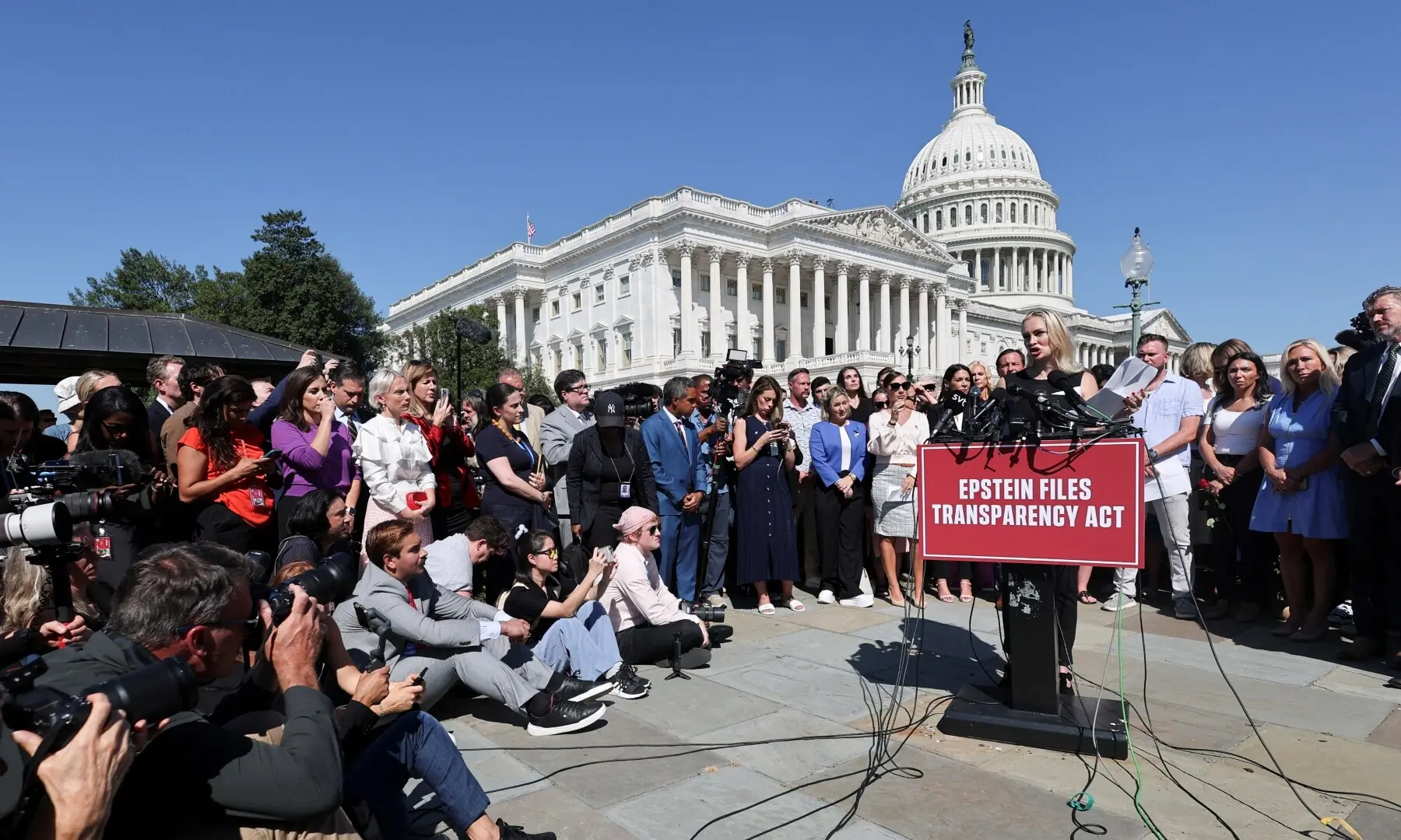 Anouska De Georgiou speaks during a press conference to discuss the Epstein Files Transparency bill, directing the release of the remaining files related to the investigations into Jeffrey Epstein and Ghislaine Maxwell, on Capitol Hill in Washington, DC, US on September 3, 2025. &mdash; Reuters/Jonathan Ernst