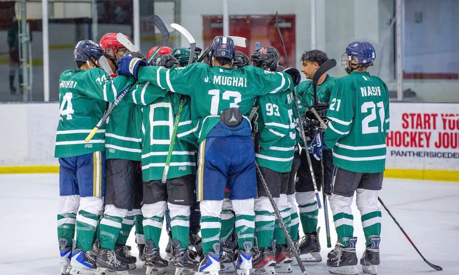 Players of Pakistan men’s ice hockey team huddle during a match of the LATAM Cup Division III at the Panthers IceDen in Florida, US. — Photo by organisers