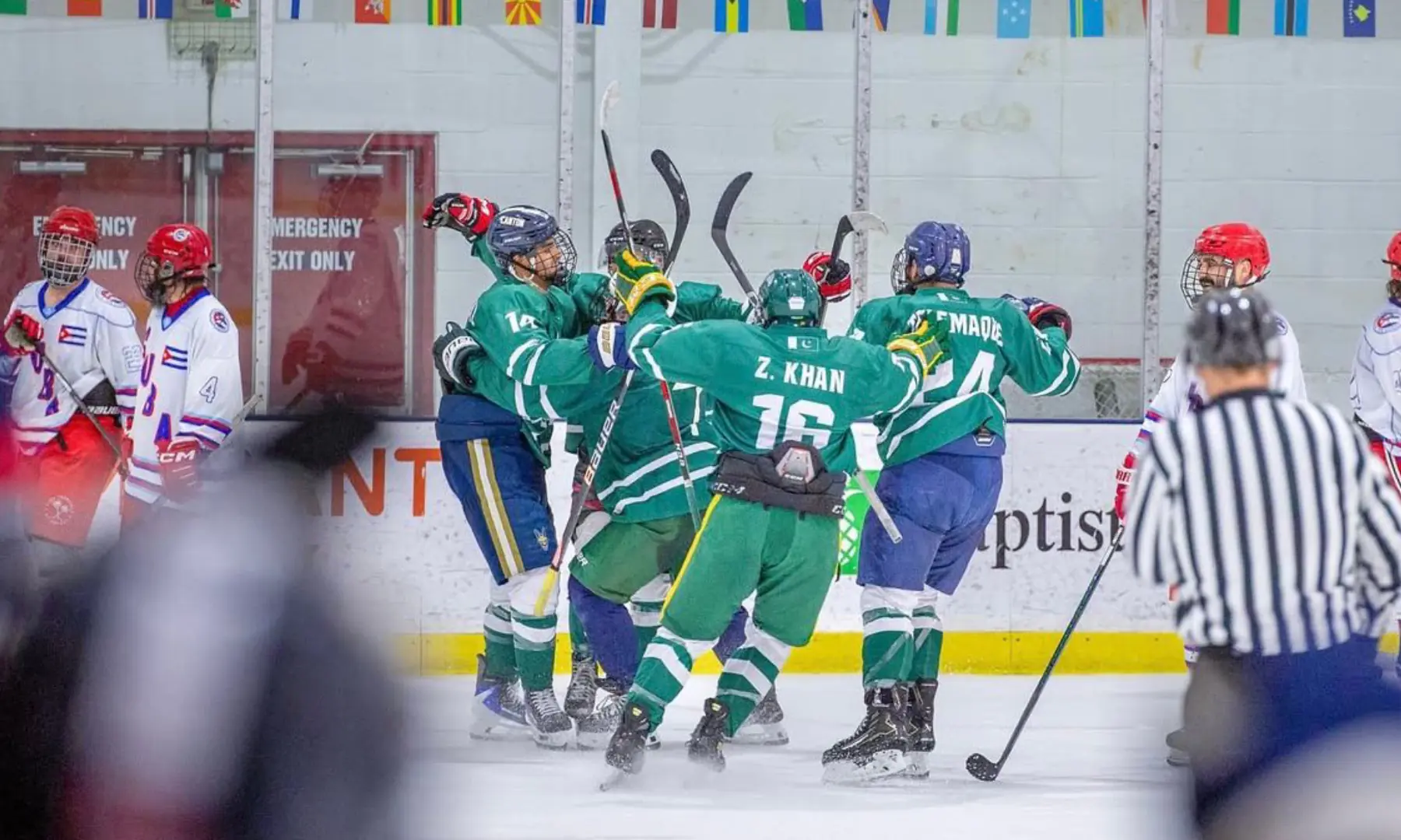 Players of Pakistan men’s ice hockey team celebrate during a match of the LATAM Cup Division III at the Panthers IceDen in Florida, US. — Photo by organisers