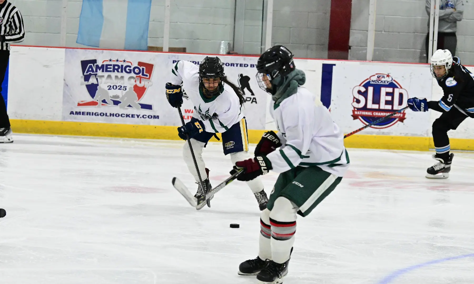 Players of Pakistan women’s ice hockey team, Maaria Shaikh (left) and Haya Hussain, in action during a match of the LATAM Cup Division II at the Panthers IceDen in Florida, US. — Photo by organisers