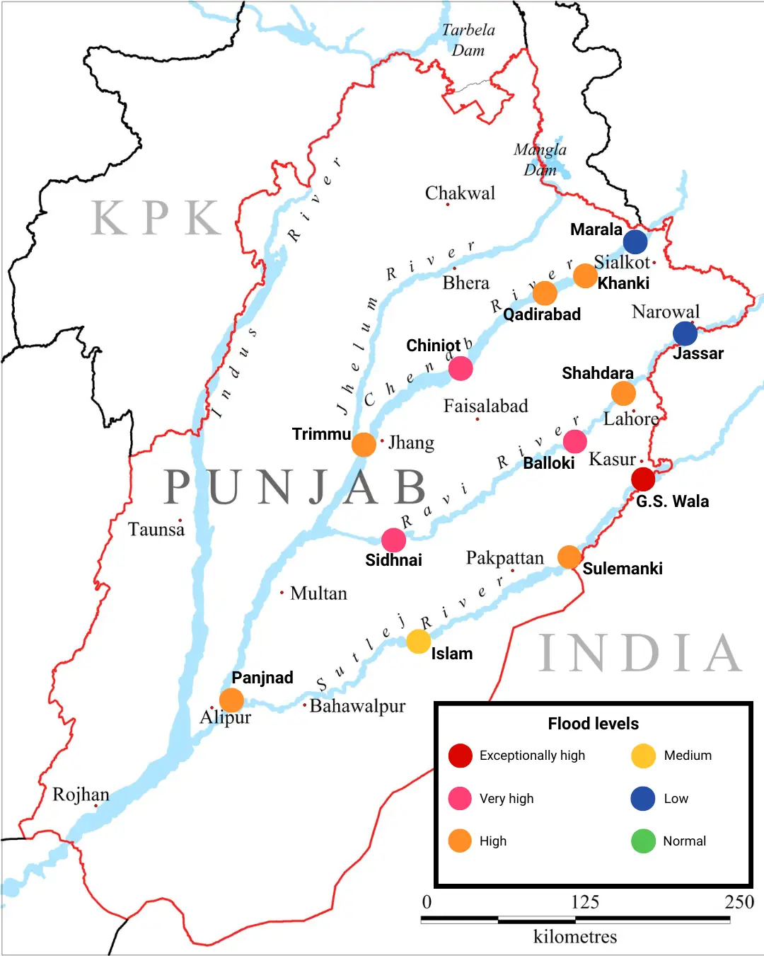  Flood levels at major rivers of Punjab at 9am on Sept 5, 2025. &mdash; DawnGIS / data from FFD 