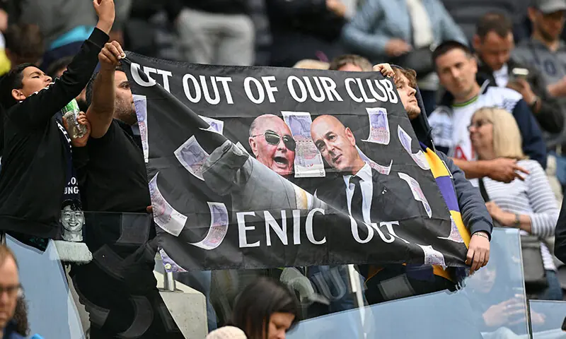 Fans hold a protest banner calling for Tottenham Hotspur&rsquo;s English chairman Daniel Levy to leave the club after the English Premier League football match between Tottenham Hotspur and Brentford at Tottenham Hotspur Stadium in London, on May 20, 2023. &mdash; AFP/File