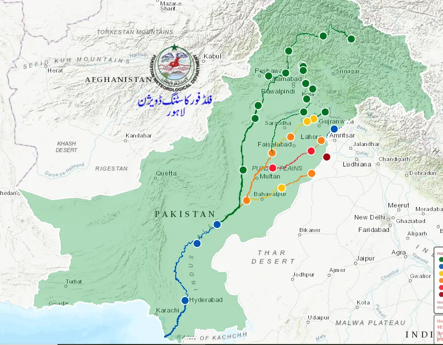 Screengrab showing water levels on Pakistan&rsquo;s rivers as of 10am on Sept 6. &mdash; Flood Forecasting Division (FFD), Lahore