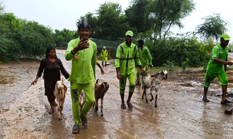 SAHIWAL: Suthra Punjab and Rescue 1122 workers busy in flood-affected areas. &mdash; Photo via Shafiq Butt