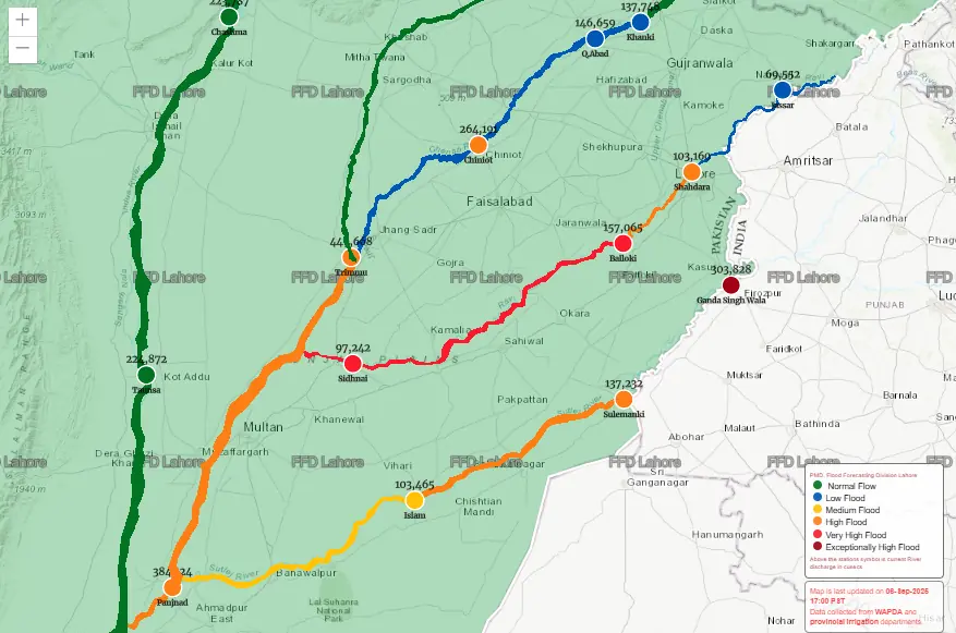 A map showing flood levels in Rivers across Punjab. &mdash; Screenshot via Flood Forecasting Division