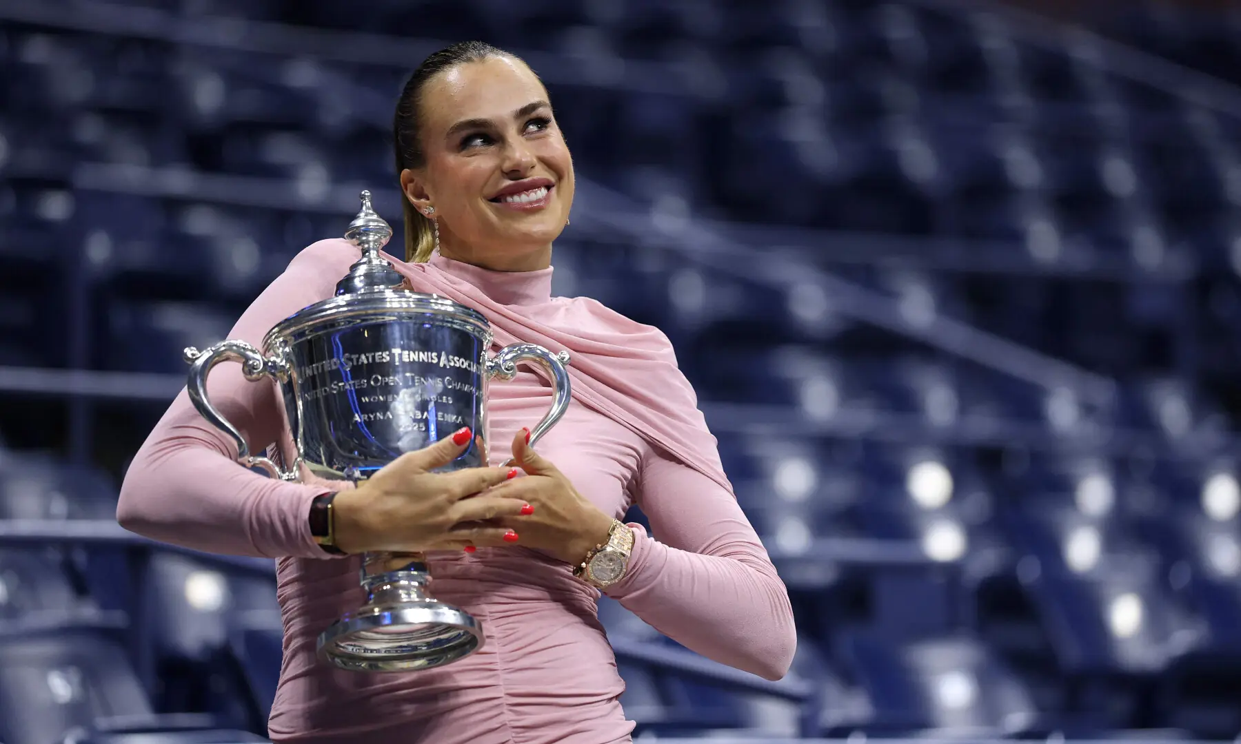 Aryna Sabalenka poses with the championship trophy after defeating Amanda Anisimova of the United States during their Women&rsquo;s Singles Final match on Day Fourteen of the 2025 US Open at USTA Billie Jean King National Tennis Centre on Sept 6, 2025, in the Queens borough of New York City. &mdash; AFP