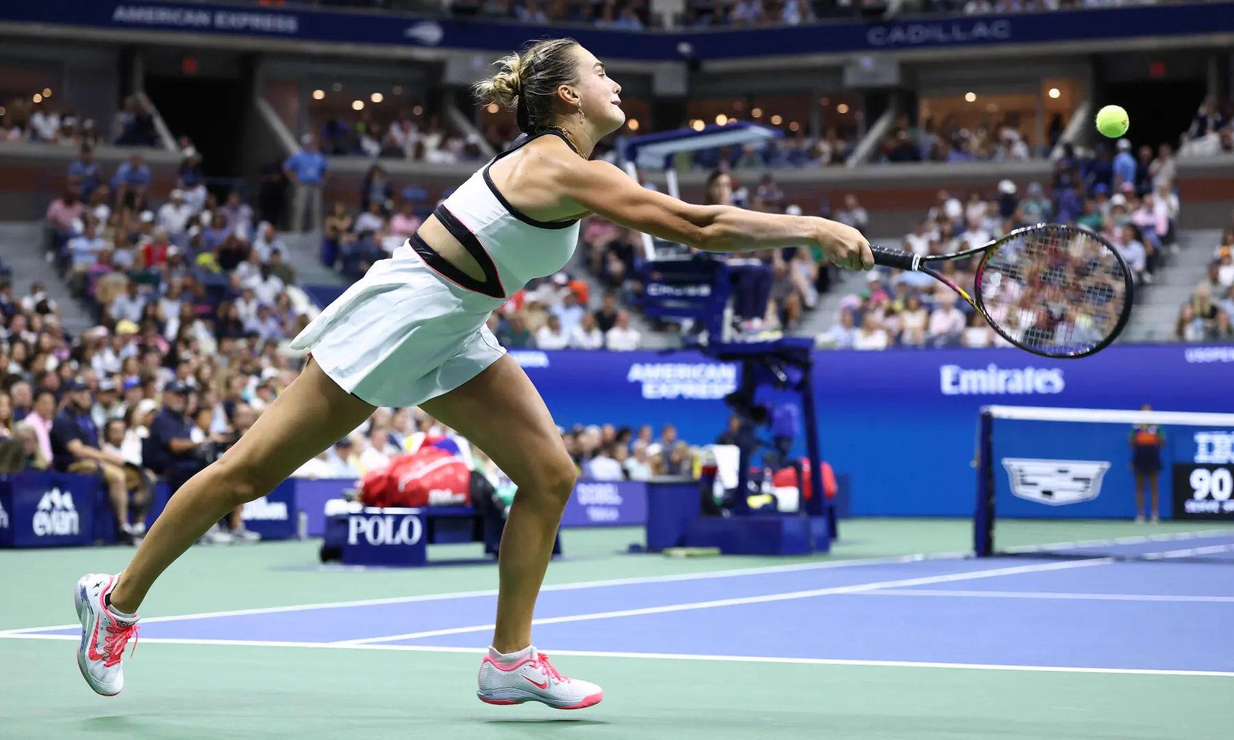  Belarus&rsquo;s Aryna Sabalenka plays a forehand return to USA&rsquo;s Amanda Anisimova during their women&rsquo;s singles final tennis match on day fourteen of the US Open tennis tournament at the USTA Billie Jean King National Tennis Centre on Sept 06, 2025 in New York City. &mdash; AFP 