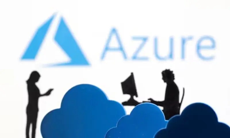 3D printed clouds and figurines are seen in front of the Microsoft Azure cloud service logo in this illustration taken February 8, 2022.  &mdash; Reuters/Dado Ruvic/Illustration/File