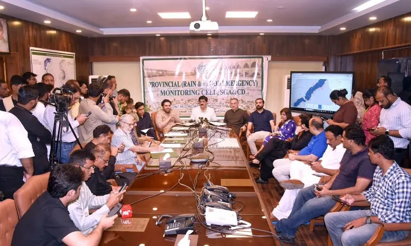 Sindh Chief Minister Syed Murad Ali Shah speaks at a press conference at the Rain and Emergency Monitoring Cell, Sept 7. &mdash; X/@SindhCMHouse