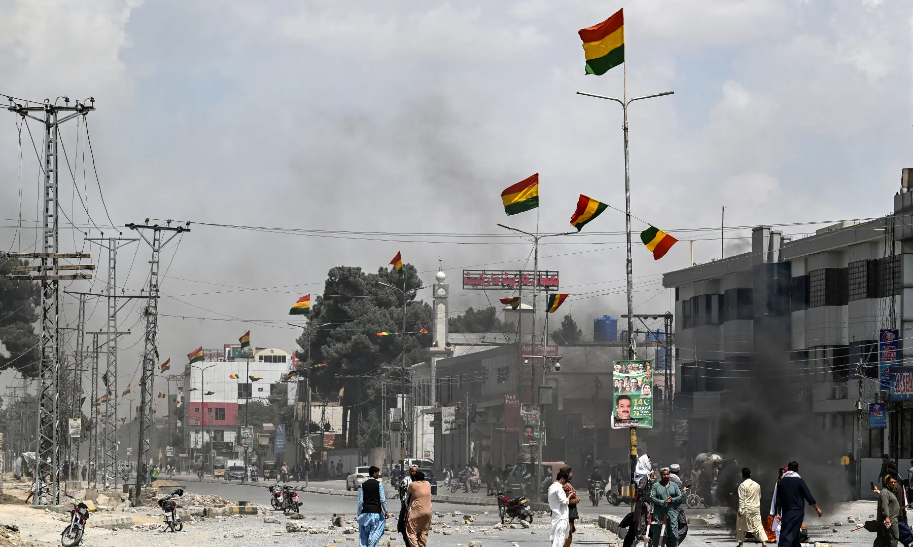 Protesters block a road during a strike called by BNP-M and other opposition parties in Quetta on Sept 8, 2025, condemning last week&rsquo;s bombing at a political rally. &mdash; AFP