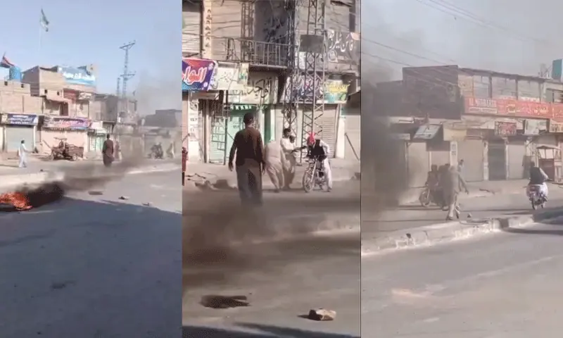 This photo combo shows protesters blocking a road during a strike called by BNP-M and other opposition parties in Quetta on Sept 8, 2025. &mdash; DawnNewsTV