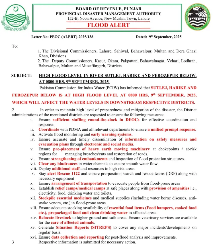 Punjab PDMA warns &lsquo;high flood&rsquo; in Sutlej to affect downstream districts