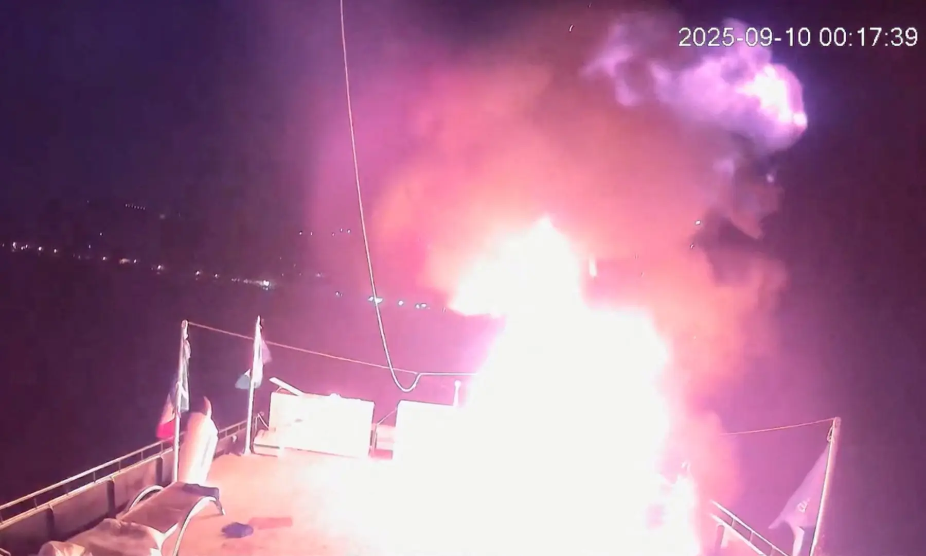 A CCTV footage shows a fire that struck Alma, a vessel of the Global Sumud Flotilla (GSF), in the Tunisian waters off the coast of Tunisia on September 9, 2025, in this screengrab obtained from a handout video. Global Sumud Flotilla/Handout via Reuters