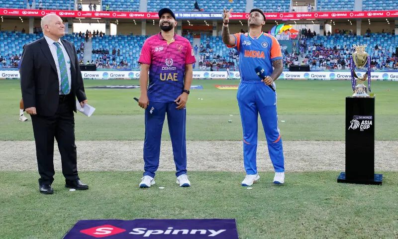 India men&rsquo;s captain Suryakumar Yadav and UAE captain Muhammad Waseem at the toss in Dubai on September 10. &mdash; X/BCCI