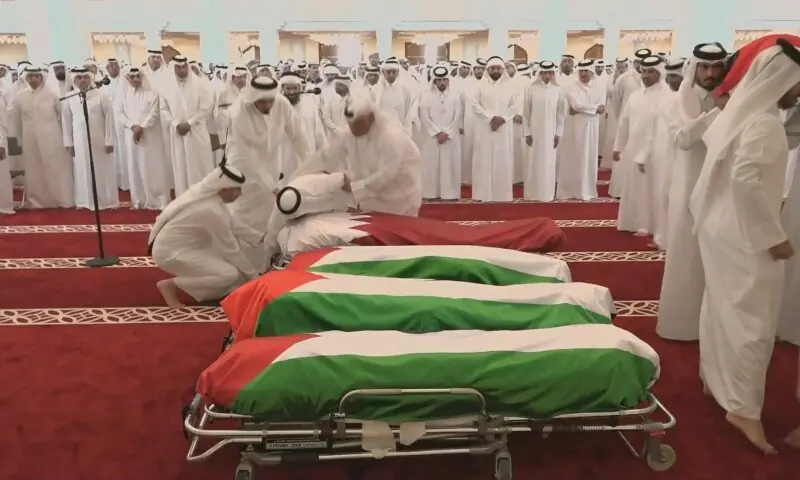 People attend a funeral held for those killed by an Israeli attack in Doha at the Sheikh Mohammed bin Abdul Wahhab Mosque in Doha, Qatar on September 11. &mdash; Reuters