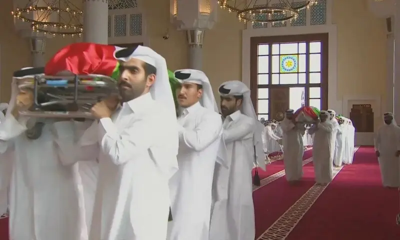 Mourners carry the bodies of the people killed by an Israeli attack in Doha during a funeral at the Sheikh Mohammed bin Abdul Wahhab Mosque in Doha, Qatar, September 11. &mdash; Reuters